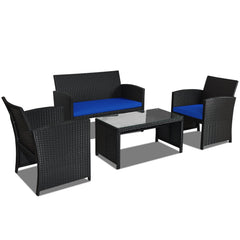 4 Piece Wicker Patio Conversation Set with Tempered Glass Coffee Table, Navy Cushions
