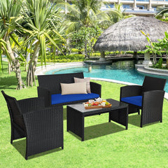 4 Piece Wicker Patio Conversation Set with Tempered Glass Coffee Table, Navy Cushions