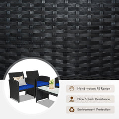 4 Piece Wicker Patio Conversation Set with Tempered Glass Coffee Table, Navy Cushions