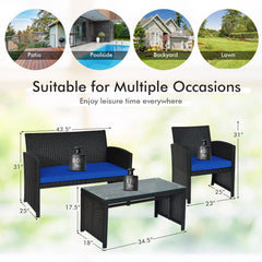 4 Piece Wicker Patio Conversation Set with Tempered Glass Coffee Table, Navy Cushions