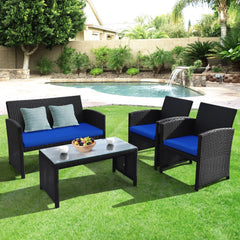 4 Piece Wicker Patio Conversation Set with Tempered Glass Coffee Table, Navy Cushions
