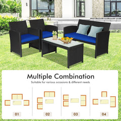 4 Piece Wicker Patio Conversation Set with Tempered Glass Coffee Table, Navy Cushions