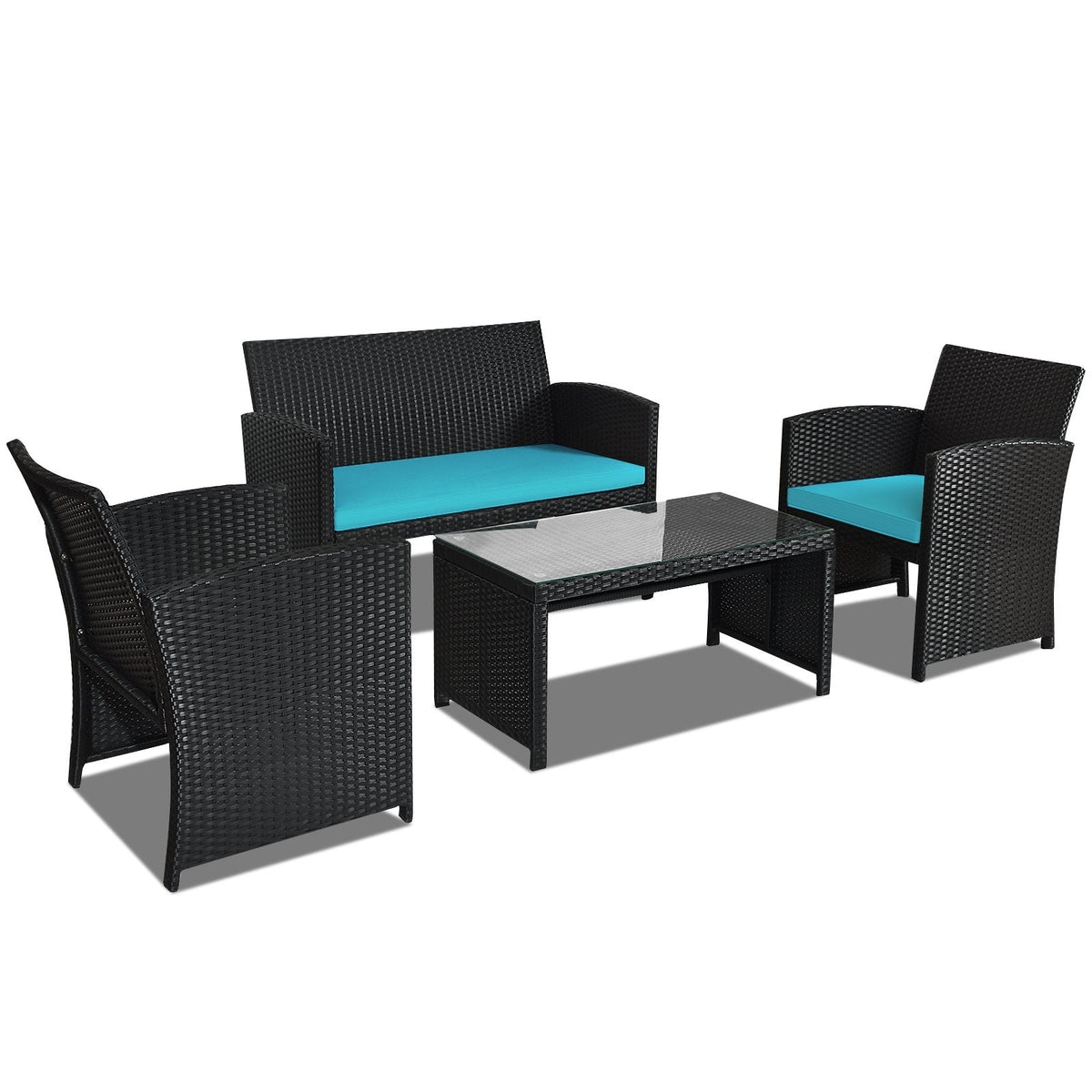 4 Piece Wicker Patio Conversation Set with Tempered Glass Coffee Table, Turquoise Cushions