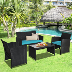 4 Piece Wicker Patio Conversation Set with Tempered Glass Coffee Table, Turquoise Cushions