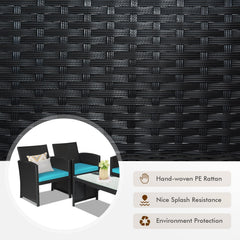 4 Piece Wicker Patio Conversation Set with Tempered Glass Coffee Table, Turquoise Cushions