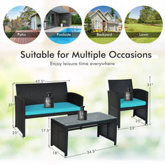4 Piece Wicker Patio Conversation Set with Tempered Glass Coffee Table, Turquoise Cushions