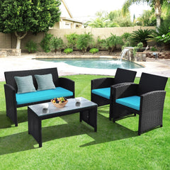 4 Piece Wicker Patio Conversation Set with Tempered Glass Coffee Table, Turquoise Cushions