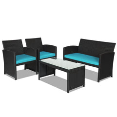 4 Piece Wicker Patio Conversation Set with Tempered Glass Coffee Table, Turquoise Cushions