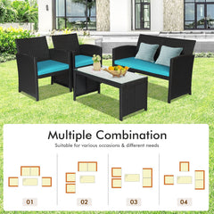 4 Piece Wicker Patio Conversation Set with Tempered Glass Coffee Table, Turquoise Cushions