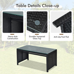 4 Piece Wicker Patio Conversation Set with Tempered Glass Coffee Table, Turquoise Cushions