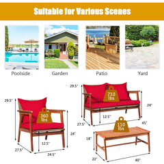 4 Piece Acacia Wood and Rattan Patio Furniture Set, 45 in Loveseat, 2 Chairs and 40 in Slatted Coffee Table, Red Cushions