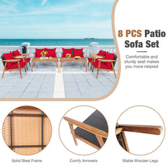 4 Piece Acacia Wood and Rattan Patio Furniture Set, 45 in Loveseat, 2 Chairs and 40 in Slatted Coffee Table, Red Cushions