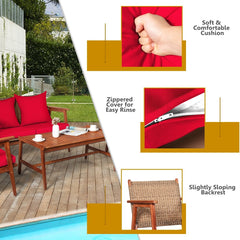 4 Piece Acacia Wood and Rattan Patio Furniture Set, 45 in Loveseat, 2 Chairs and 40 in Slatted Coffee Table, Red Cushions