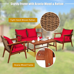 4 Piece Acacia Wood and Rattan Patio Furniture Set, 45 in Loveseat, 2 Chairs and 40 in Slatted Coffee Table, Red Cushions