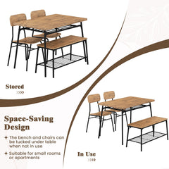 4 Piece Dining Table Set for 4 Metal Frame with Bench and 2 Chairs-Brown