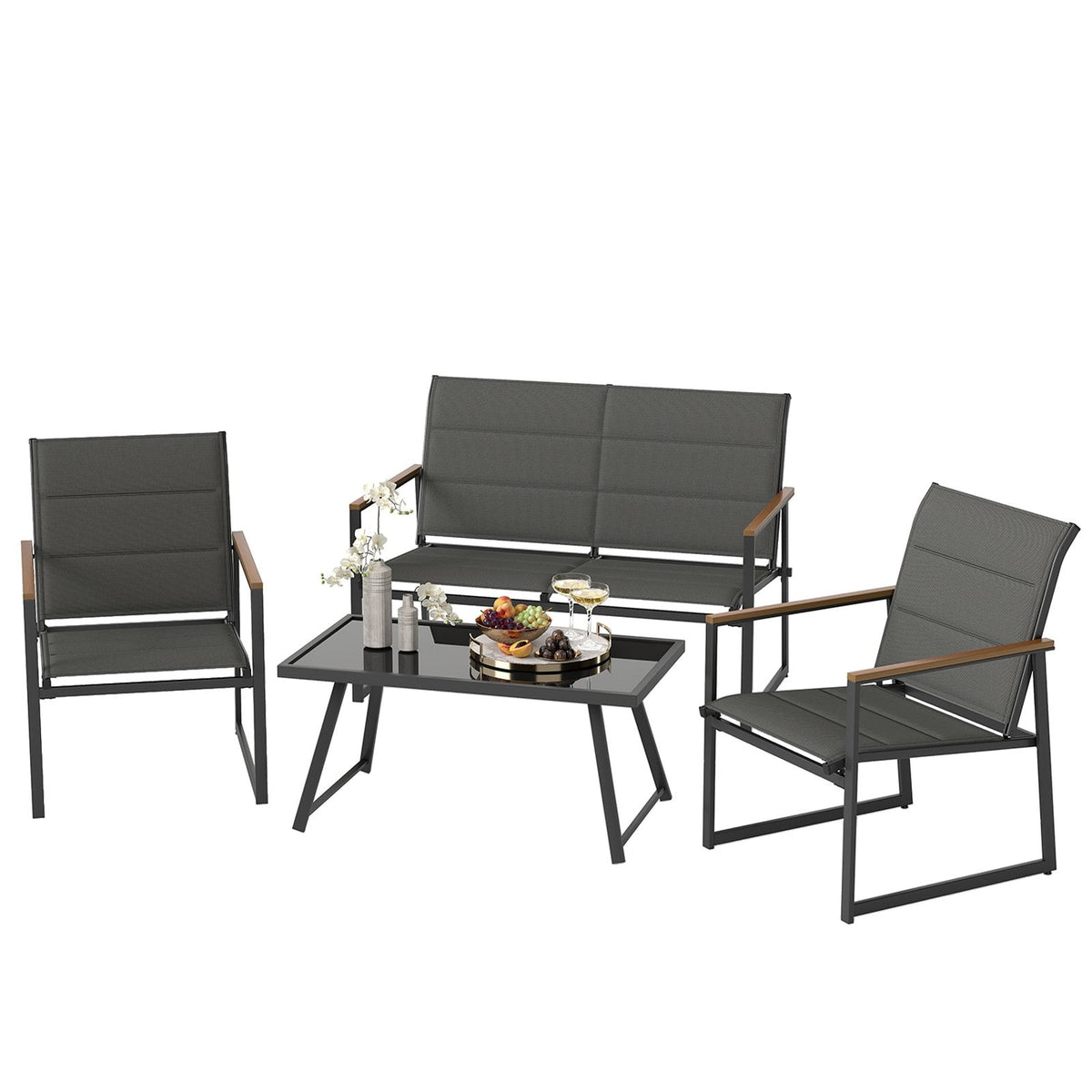 4 Piece Padded Sling Patio Conversation Set with Wood Plastic Armrests and Glass Table, Gray