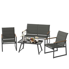 4 Piece Padded Sling Patio Conversation Set with Wood Plastic Armrests and Glass Table, Gray