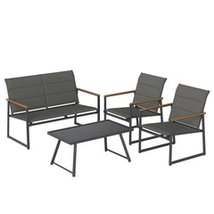 4 Piece Padded Sling Patio Conversation Set with Wood Plastic Armrests and Glass Table, Gray