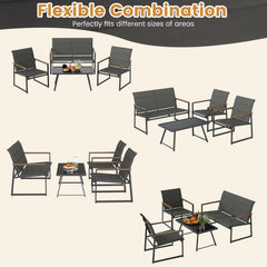4 Piece Padded Sling Patio Conversation Set with Wood Plastic Armrests and Glass Table, Gray