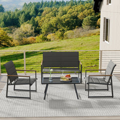 4 Piece Padded Sling Patio Conversation Set with Wood Plastic Armrests and Glass Table, Gray