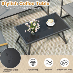 4 Piece Padded Sling Patio Conversation Set with Wood Plastic Armrests and Glass Table, Gray
