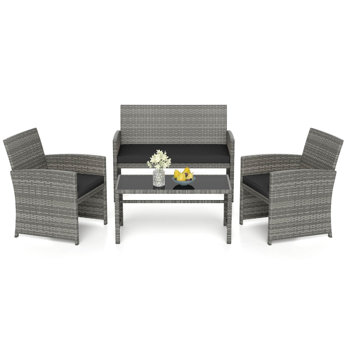 4 Piece Patio Rattan Conversation Set, Grey Wicker Loveseat Rated 800 lb, 2 Chairs Rated 400 lb, Black Cushions and Glass Top Table