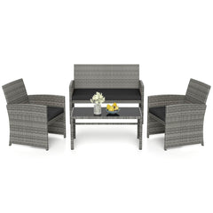 4 Piece Patio Rattan Conversation Set, Grey Wicker Loveseat Rated 800 lb, 2 Chairs Rated 400 lb, Black Cushions and Glass Top Table