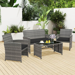 4 Piece Patio Rattan Conversation Set, Grey Wicker Loveseat Rated 800 lb, 2 Chairs Rated 400 lb, Black Cushions and Glass Top Table