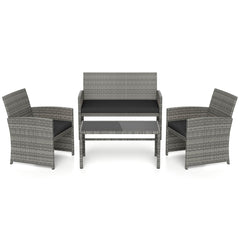 4 Piece Patio Rattan Conversation Set, Grey Wicker Loveseat Rated 800 lb, 2 Chairs Rated 400 lb, Black Cushions and Glass Top Table