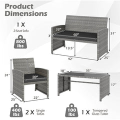 4 Piece Patio Rattan Conversation Set, Grey Wicker Loveseat Rated 800 lb, 2 Chairs Rated 400 lb, Black Cushions and Glass Top Table