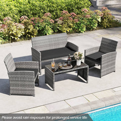4 Piece Patio Rattan Conversation Set, Grey Wicker Loveseat Rated 800 lb, 2 Chairs Rated 400 lb, Black Cushions and Glass Top Table