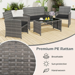 4 Piece Patio Rattan Conversation Set, Grey Wicker Loveseat Rated 800 lb, 2 Chairs Rated 400 lb, Black Cushions and Glass Top Table