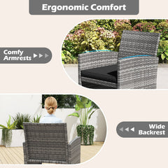 4 Piece Patio Rattan Conversation Set, Grey Wicker Loveseat Rated 800 lb, 2 Chairs Rated 400 lb, Black Cushions and Glass Top Table