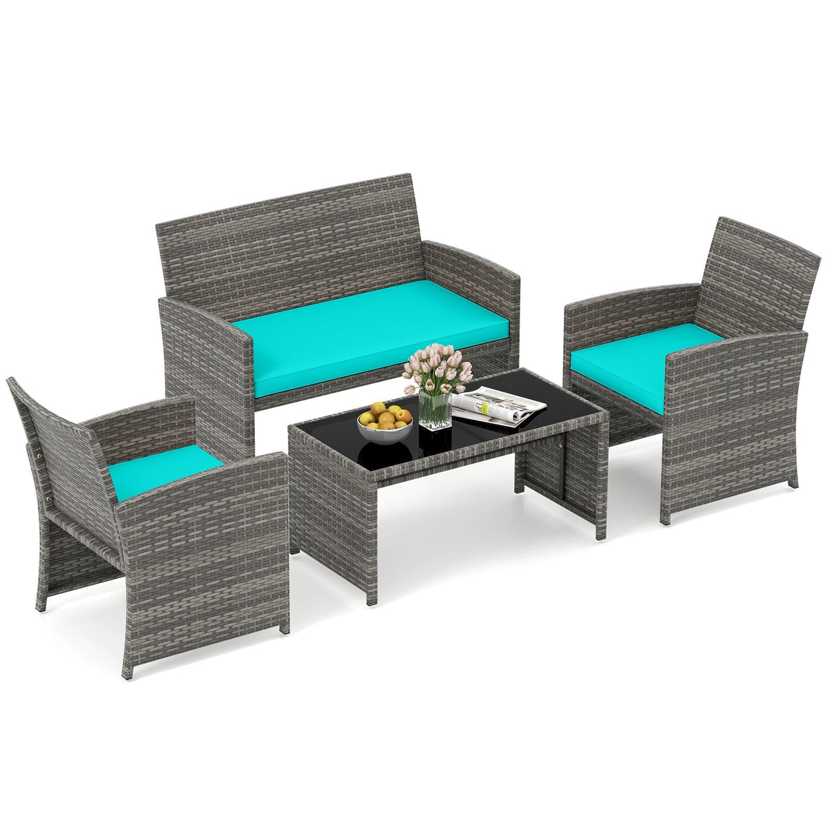 4 Piece Patio Rattan Conversation Set, Grey Wicker Loveseat Rated 800 lb, 2 Chairs Rated 400 lb, Turquoise Cushions and Glass Top Table