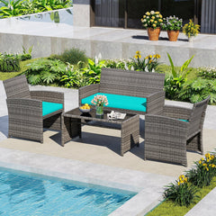 4 Piece Patio Rattan Conversation Set, Grey Wicker Loveseat Rated 800 lb, 2 Chairs Rated 400 lb, Turquoise Cushions and Glass Top Table