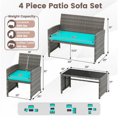 4 Piece Patio Rattan Conversation Set, Grey Wicker Loveseat Rated 800 lb, 2 Chairs Rated 400 lb, Turquoise Cushions and Glass Top Table