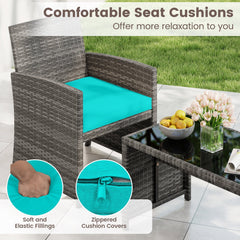 4 Piece Patio Rattan Conversation Set, Grey Wicker Loveseat Rated 800 lb, 2 Chairs Rated 400 lb, Turquoise Cushions and Glass Top Table