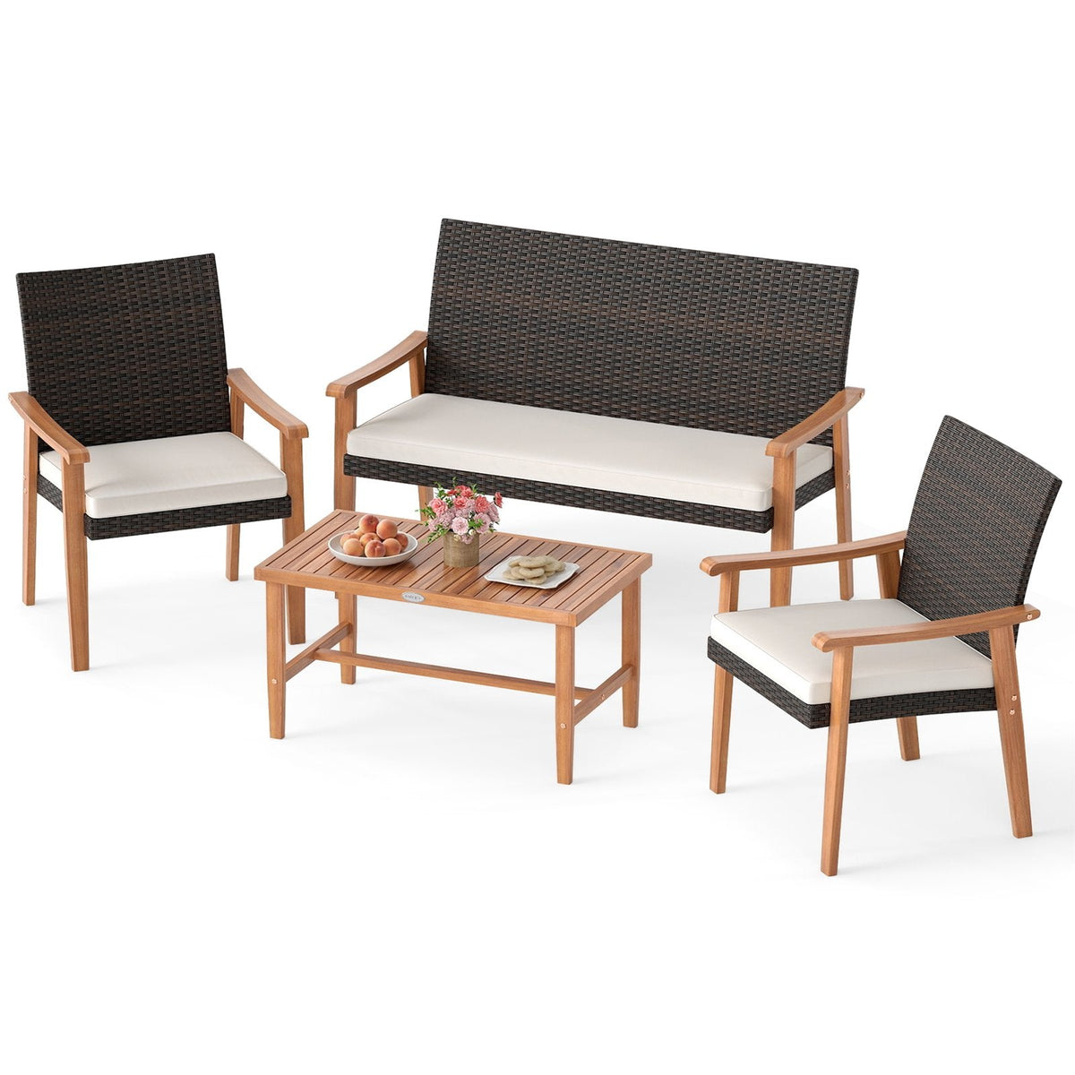 4 Piece Patio Conversation Set, Acacia and Brown Wicker Loveseat Rated 800 lb, 2 Chairs Rated 400 lb, White Cushions and an Acacia Table