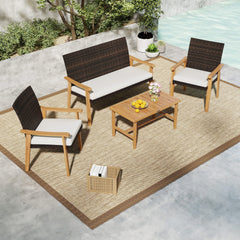 4 Piece Patio Conversation Set, Acacia and Brown Wicker Loveseat Rated 800 lb, 2 Chairs Rated 400 lb, White Cushions and an Acacia Table