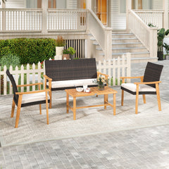 4 Piece Patio Conversation Set, Acacia and Brown Wicker Loveseat Rated 800 lb, 2 Chairs Rated 400 lb, White Cushions and an Acacia Table