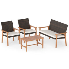 4 Piece Patio Conversation Set, Acacia and Brown Wicker Loveseat Rated 800 lb, 2 Chairs Rated 400 lb, White Cushions and an Acacia Table