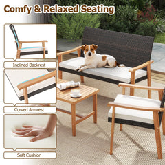 4 Piece Patio Conversation Set, Acacia and Brown Wicker Loveseat Rated 800 lb, 2 Chairs Rated 400 lb, White Cushions and an Acacia Table