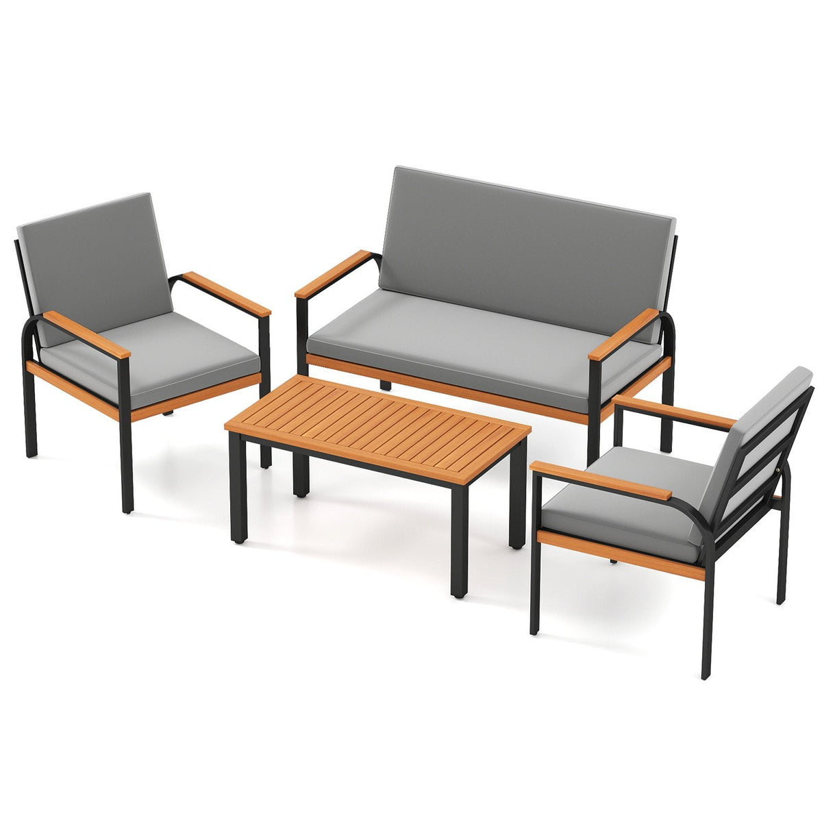 4 Piece Patio Conversation Set, Black Metal Loveseat Rated 800 lb and 2 Chairs Rated 400 lb with Acacia Arms, Grey Cushions and Slatted Table