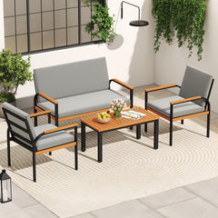 4 Piece Patio Conversation Set, Black Metal Loveseat Rated 800 lb and 2 Chairs Rated 400 lb with Acacia Arms, Grey Cushions and Slatted Table