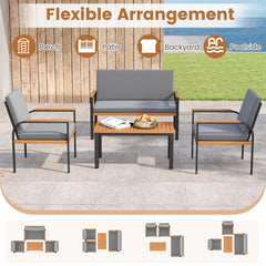 4 Piece Patio Conversation Set, Black Metal Loveseat Rated 800 lb and 2 Chairs Rated 400 lb with Acacia Arms, Grey Cushions and Slatted Table