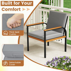 4 Piece Patio Conversation Set, Black Metal Loveseat Rated 800 lb and 2 Chairs Rated 400 lb with Acacia Arms, Grey Cushions and Slatted Table