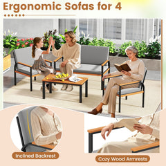 4 Piece Patio Conversation Set, Black Metal Loveseat Rated 800 lb and 2 Chairs Rated 400 lb with Acacia Arms, Grey Cushions and Slatted Table