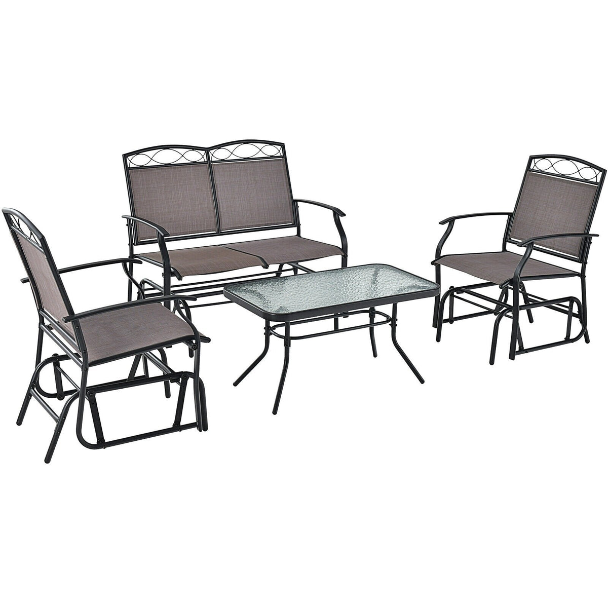 4 Piece Patio Glider Conversation Set, Sling Loveseat Glider Rated 800 lb, 2 Single Gliders Rated 400 lb and a Ripple Glass Table, Brown