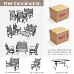 4 Piece Patio Glider Conversation Set, Sling Loveseat Glider Rated 800 lb, 2 Single Gliders Rated 400 lb and a Ripple Glass Table, Brown