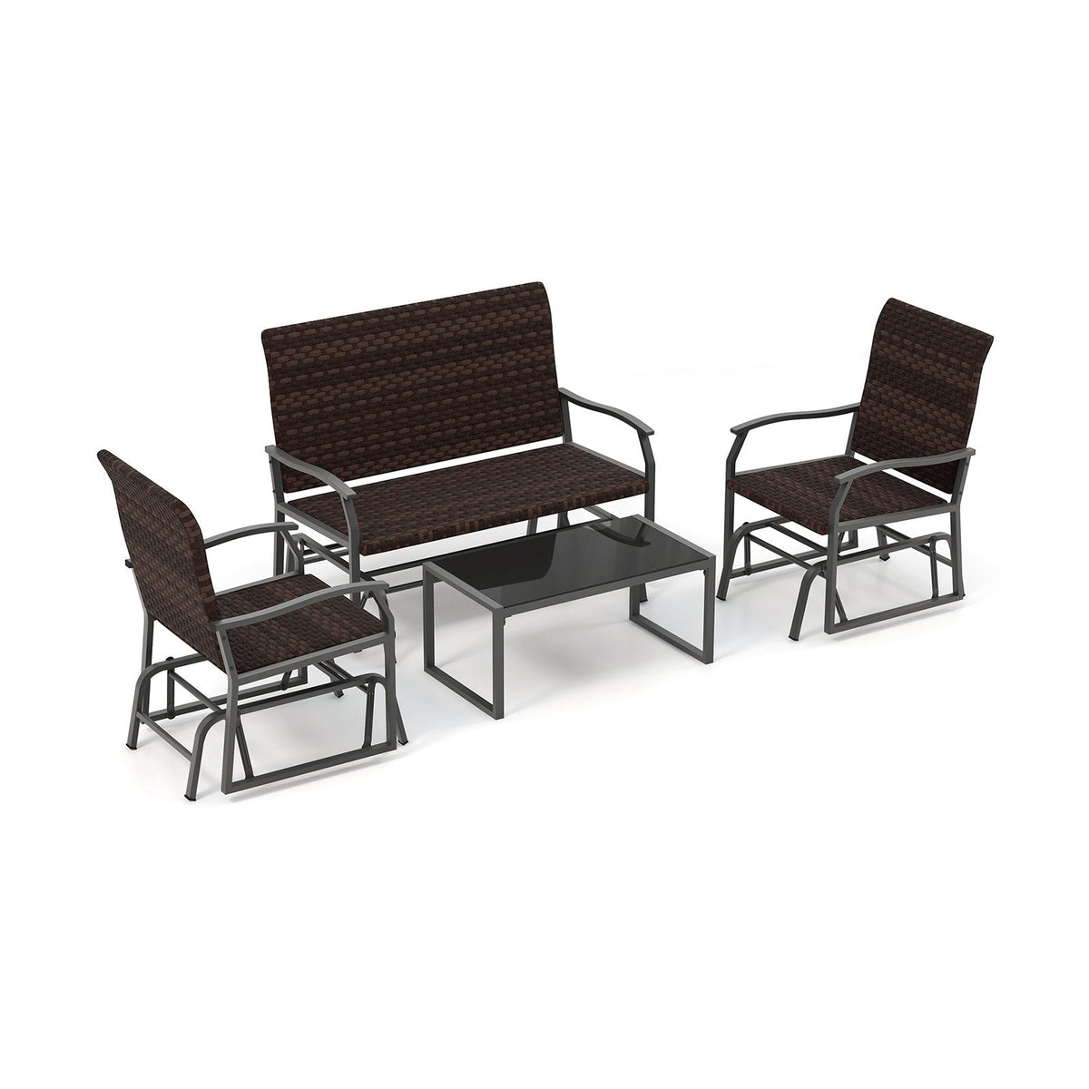 4 Piece Patio Wicker Glider Set, Loveseat Glider Rated 800 lb, 2 Single Gliders Rated 400 lb with Quick Dry Seats and Glass Top Table